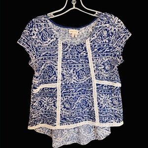 Anthropologie Meadow Rue Flores Crochet Top Blue & White Medium EUC